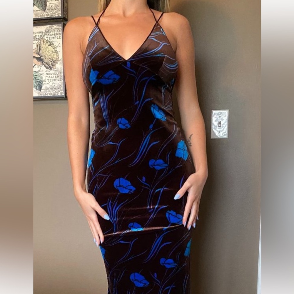 Ecote Velvet Blue Floral Bodycon Midi Dress size M